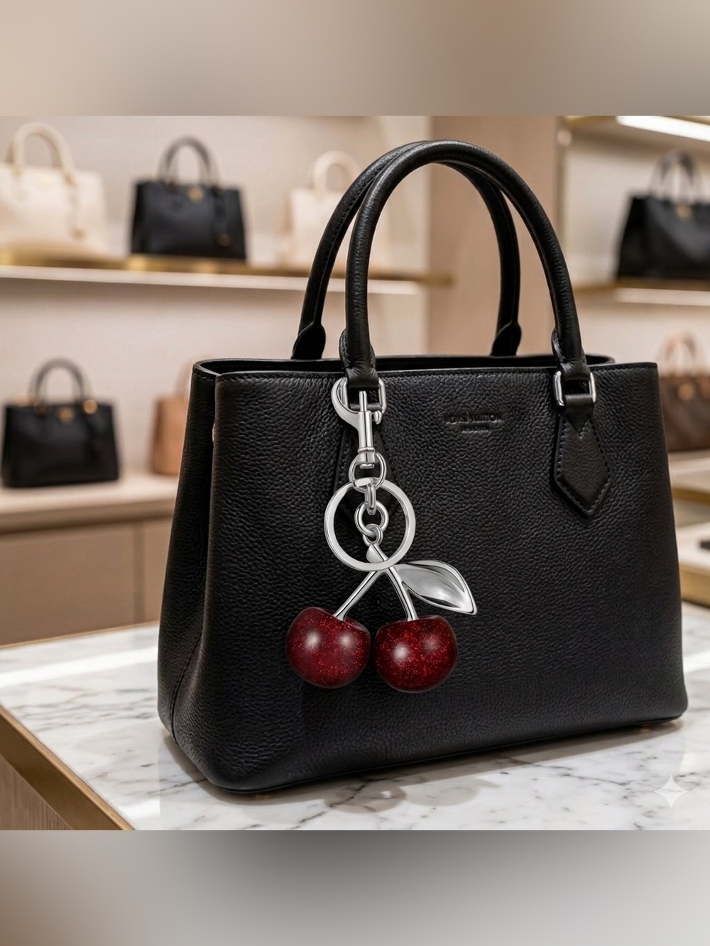 Glitter Cherry Bag Charm Keychain Resin Fruit Purse Key Ring Silver Tone Large - Picture 2 of 5